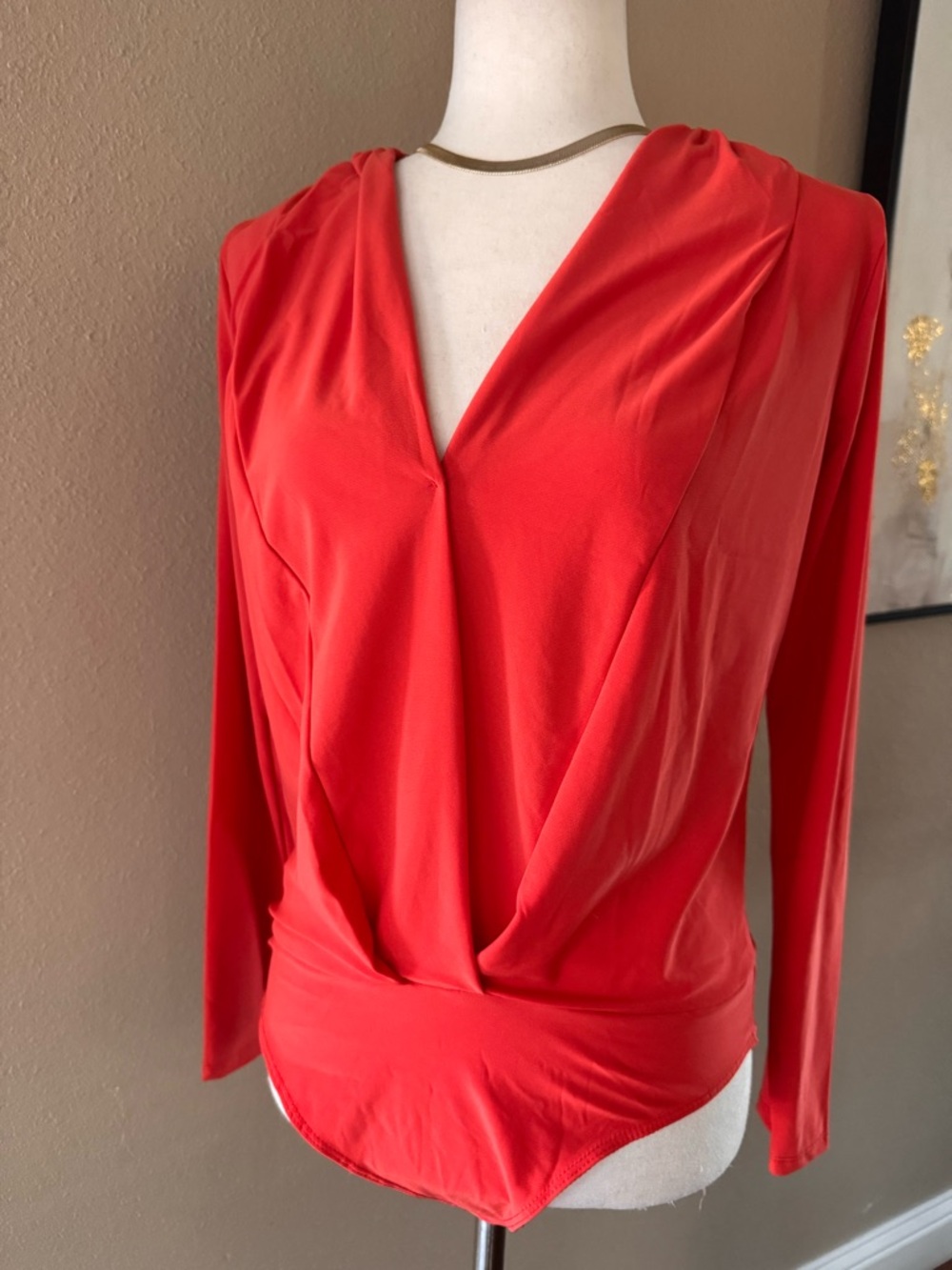 V-Neck Long Sleeve Wrap Bodysuit in Coral Red - Picture 7 of 12